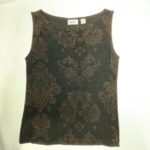 Chico’s Travelers Tank Top Size 0 Small Black w/ Brown Velvety Baroque Print